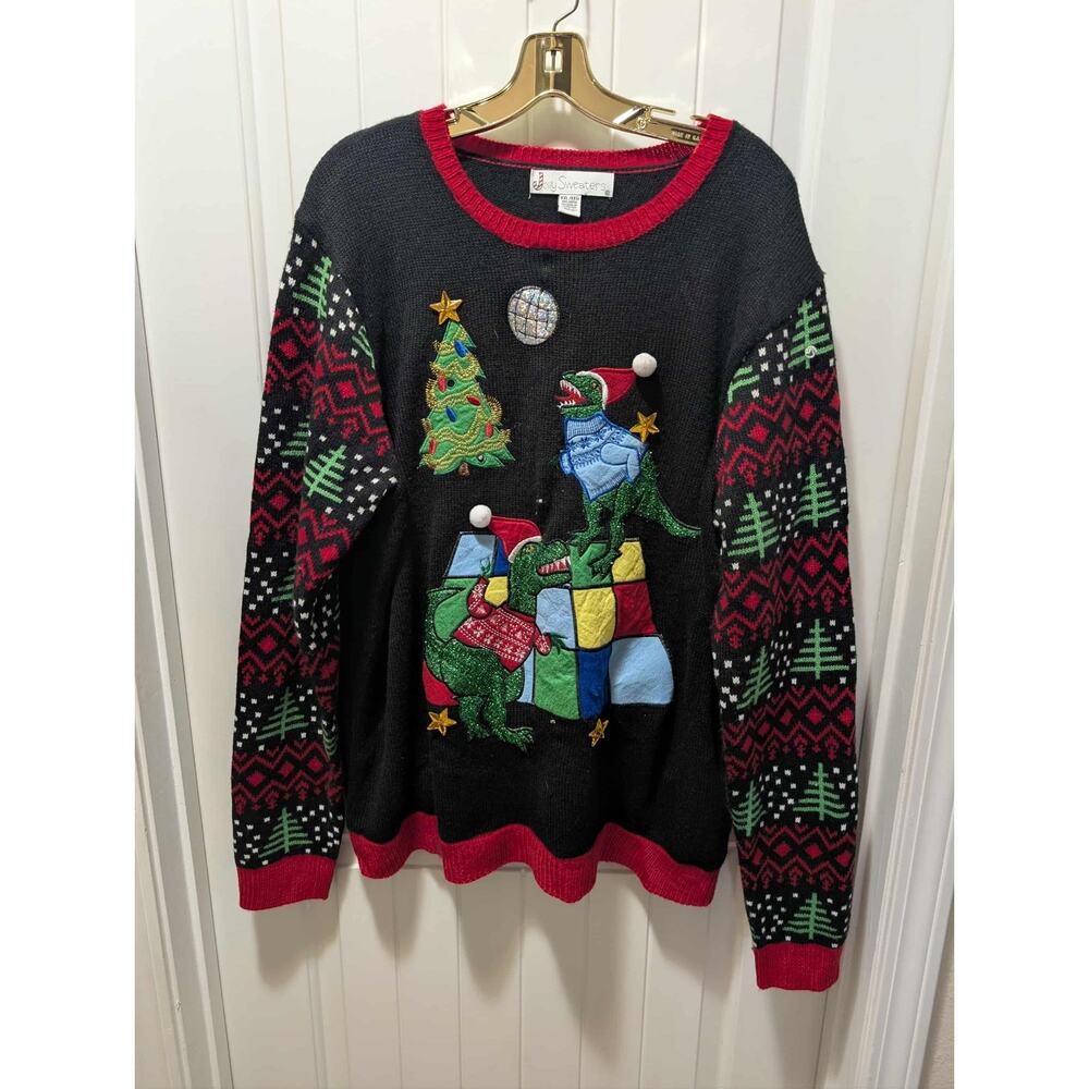 Jolly Sweaters UGLY CHRISTMAS SWEATER Holiday Black DISCO T-REX Men's XXL
